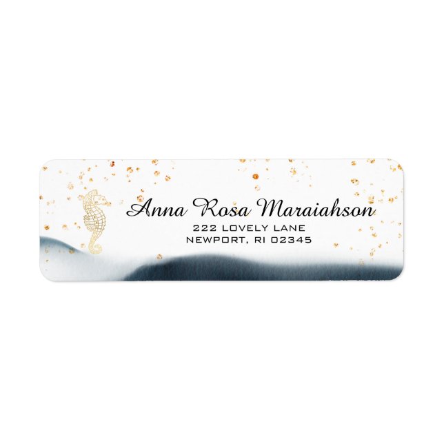 *~*Glitter Ocean Nautical Beach SEA HORSE Guld Returadress Etikett (Framsidan)