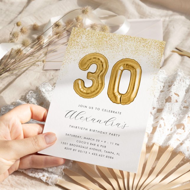 Glitter och Guld Kvinnors 30års födelsedag-ballong Inbjudningar (Skapare uppladdad)