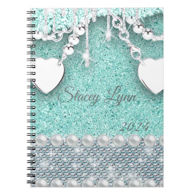 Glitter och Hearts Bling Monogram Namn 2024 Anteckningsbok (Framsidan)