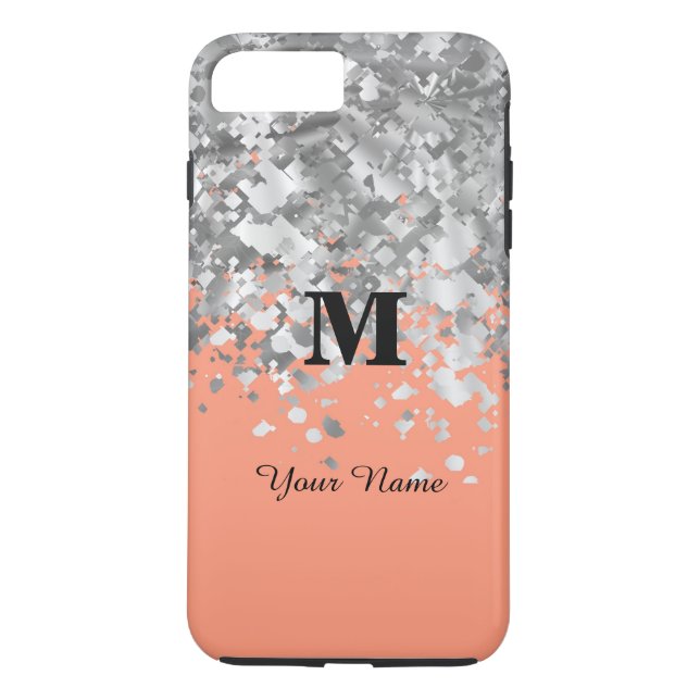 Glitter och persikofärgad personlig monogram Case-Mate iPhone skal (Baksida)