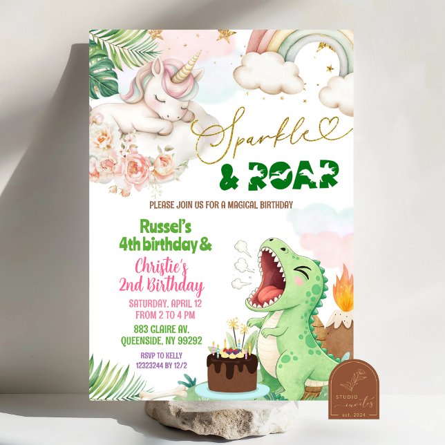 Glitter Och Ryta Enhörning Dinosaurie Gemensam Föd Inbjudningar (Skapare uppladdad)