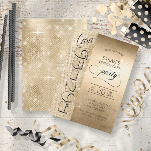 Glitter och Shine Quinceanera Guld ID701 Inbjudningar (Front/Back In Situ)