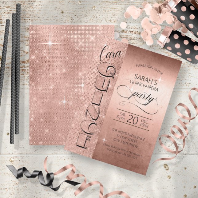 Glitter och Shine Quinceanera Ro Guld ID701 Inbjudningar (Front/Back In Situ)