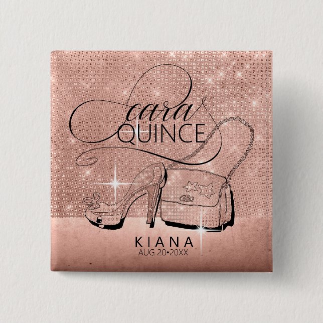 Glitter och Shine Quinceanera Ro Guld ID701 Knapp (Framsida)