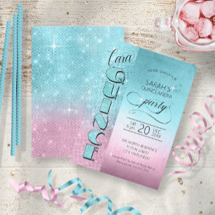 Glitter och Shine Quinceanera Teal/Rosa ID701 Inbjudningar