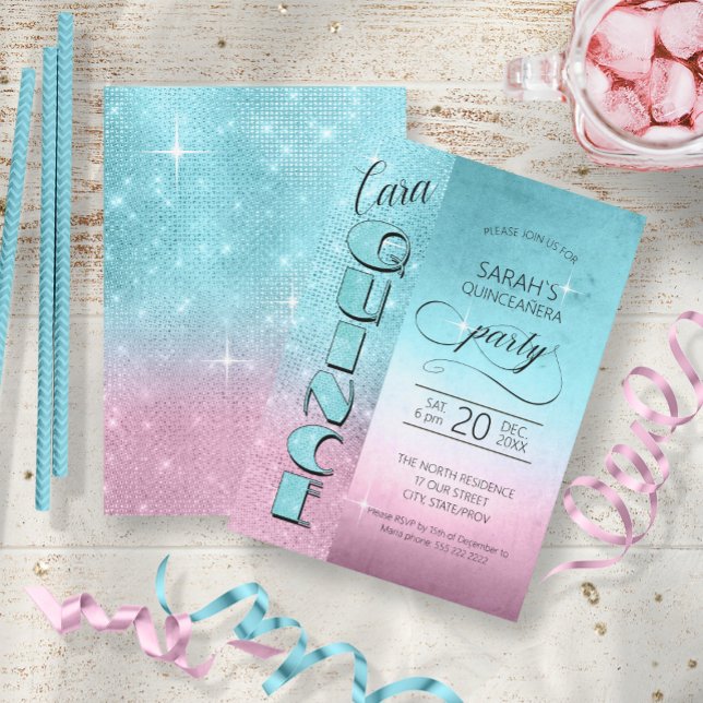 Glitter och Shine Quinceanera Teal/Rosa ID701 Inbjudningar (Front/Back In Situ)