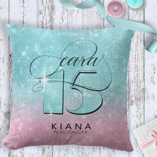 Glitter och Shine Quinceanera Teal/Rosa V2 ID701 Kudde