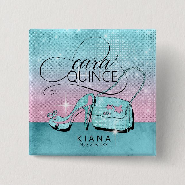 Glitter och Shine Quinceanera V2 Teal/Rosa ID701 Knapp (Framsida)