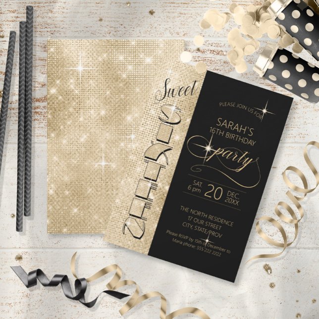 Glitter och Shine Sweet 16 Black/Guld ID675 Inbjudningar (Skapare uppladdad)