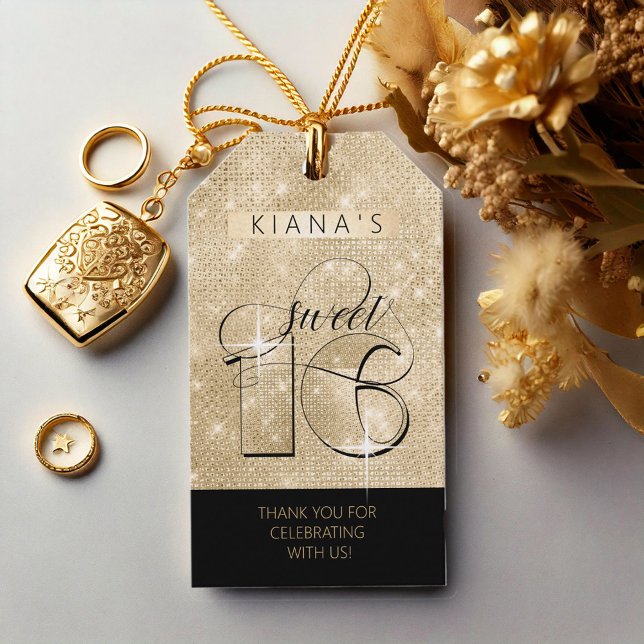 Glitter och Shine Sweet 16 Black/Guld ID675 Presentetikett (Skapare uppladdad)