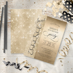 Glitter och Shine Sweet 16 Guld ID675 Inbjudningar