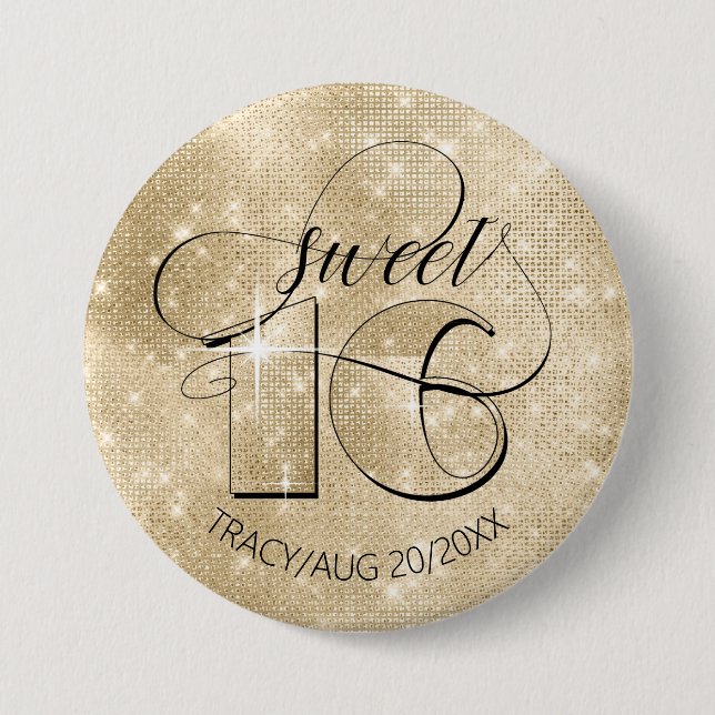 Glitter och Shine Sweet 16 Guld ID675 Knapp (Framsida)