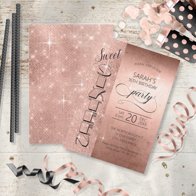 Glitter och Shine Sweet 16 Ro Guld ID675 Inbjudningar (Skapare uppladdad)