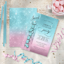 Glitter och Shine Sweet 16 Teal/Rosa ID675 Inbjudningar
