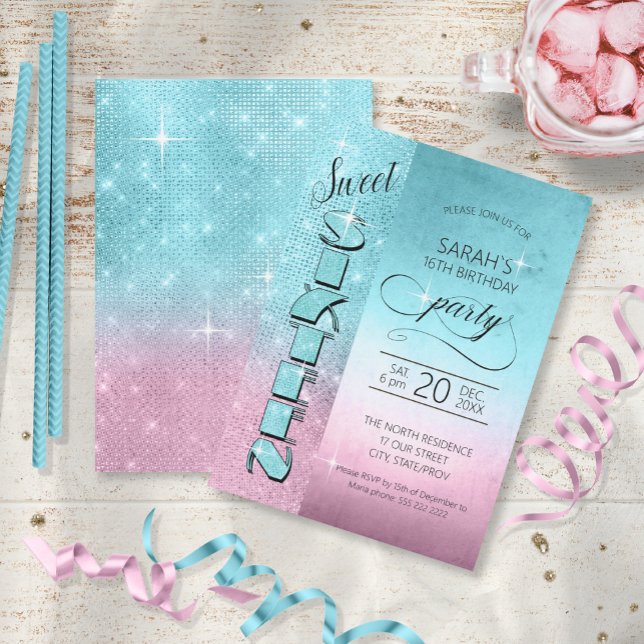 Glitter och Shine Sweet 16 Teal/Rosa ID675 Inbjudningar (Skapare uppladdad)