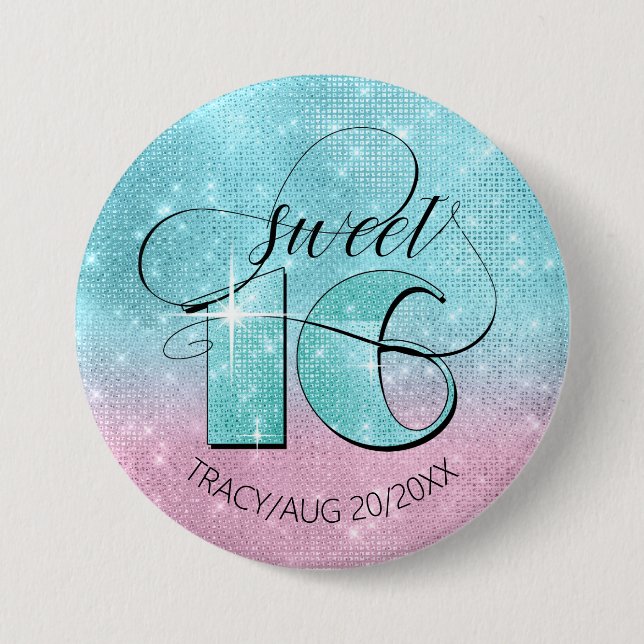 Glitter och Shine Sweet 16 Teal/Rosa ID675 Knapp (Framsida)