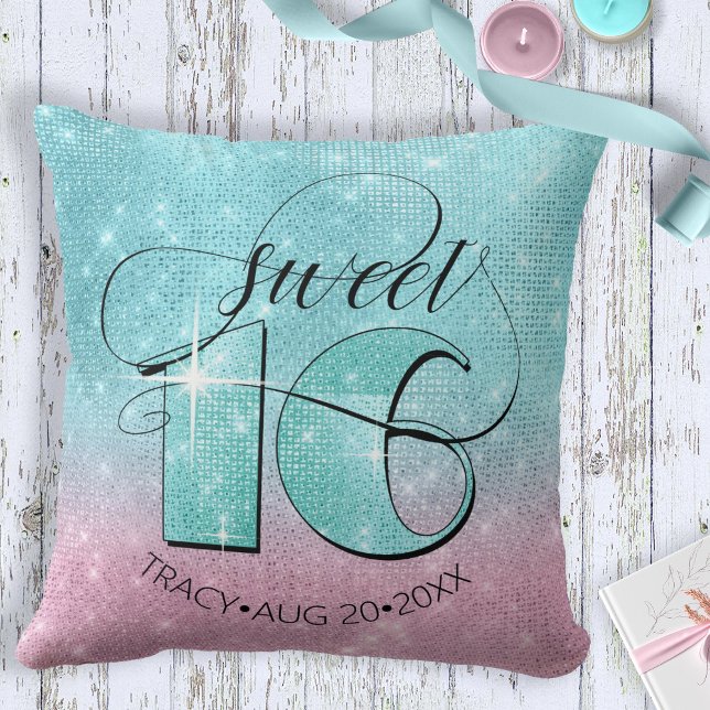 Glitter och Shine Sweet 16 Teal/Rosa ID675 Kudde (Skapare uppladdad)