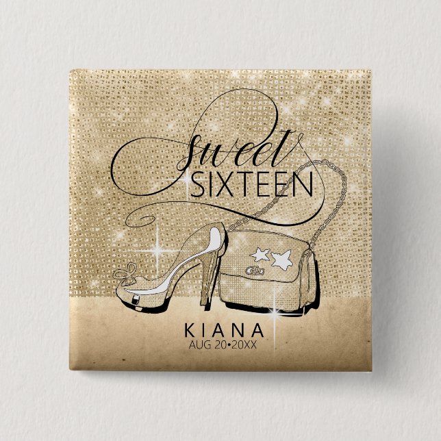 Glitter och Shine Sweet 16 V2 Guld ID675 Knapp (Framsida)