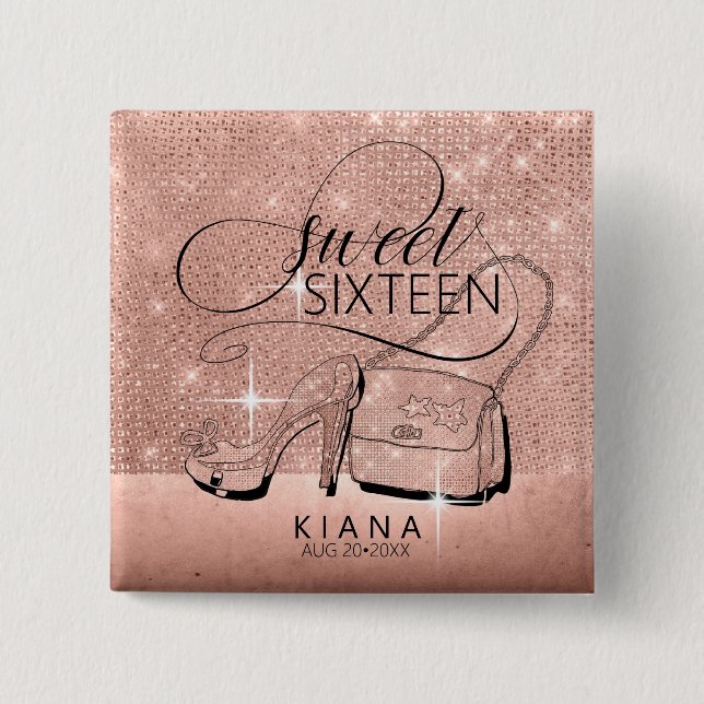 Glitter och Shine Sweet 16 V2 Ro Guld ID675 Knapp (Framsida)