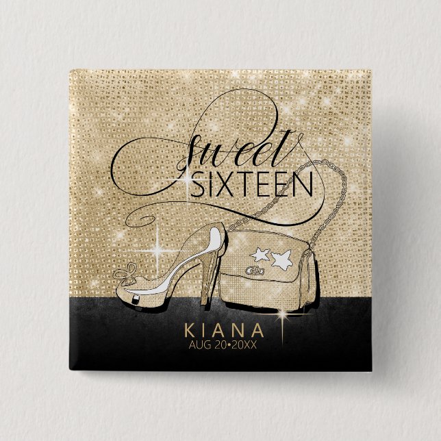 Glitter och Shine Sweet 16 V2 Svart/Guld ID675 Knapp (Framsida)