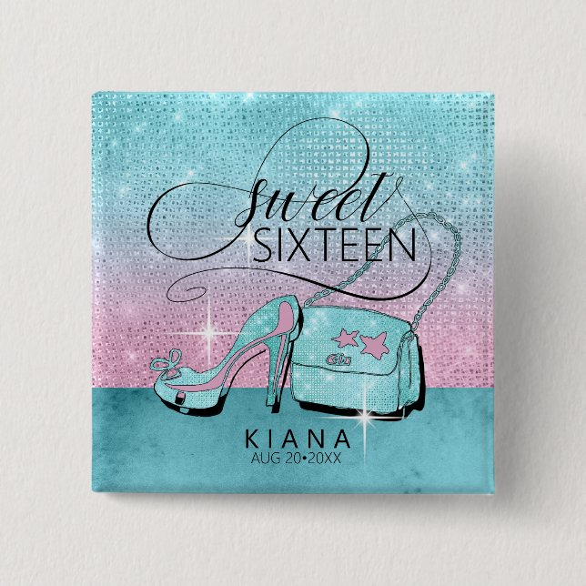 Glitter och Shine Sweet 16 V2 Teal/Rosa ID675 Knapp (Framsida)