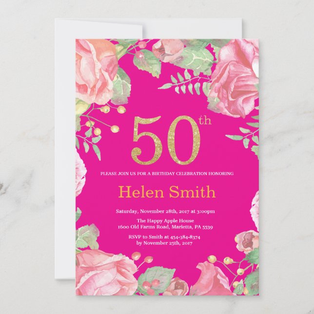 Glitter och shock rosa för 50th födelsedag för inbjudningar (Framsida)