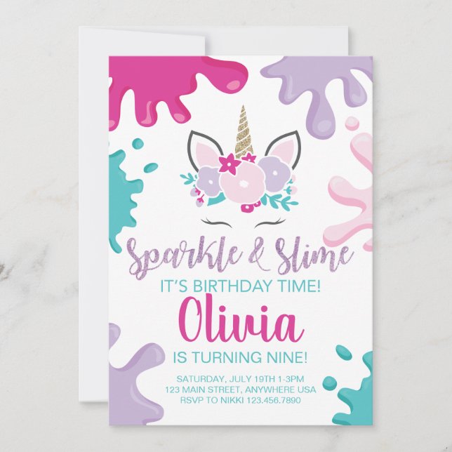 Glitter och slem Enhörning Slem Födelsedagsinbjuda Inbjudningar (Framsida)