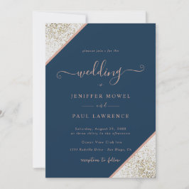 glitter om benvita och marinblå bröllop inbjudningar