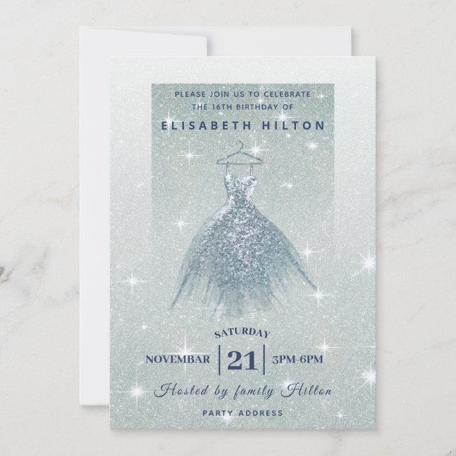 Glitter ombre dammiga blå klänning sweet sixteen inbjudningar (Framsida)