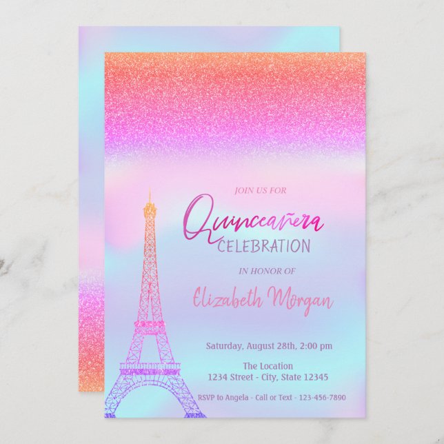 Glitter Ombre,Holograf Eiffel Torn Quinceanera Inbjudningar (Fram/baksida)