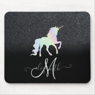 Glitter Ombre Svart Monogram Holografisk Enhörning Musmatta