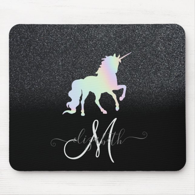 Glitter Ombre Svart Monogram Holografisk Enhörning Musmatta (Framsidan)