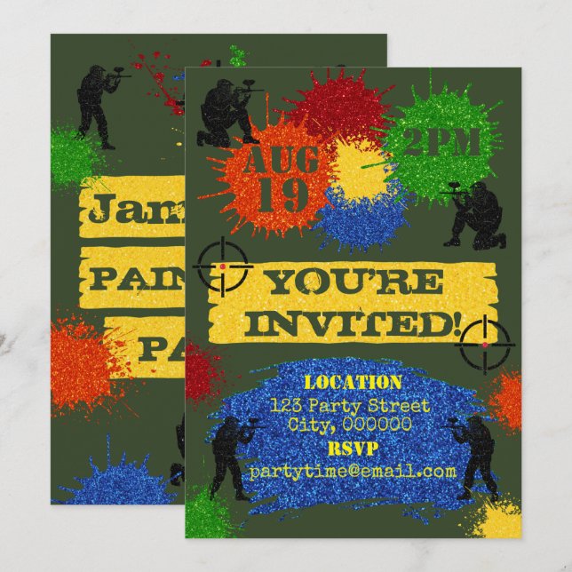 Glitter Paintball Festsinbjudan Inbjudningar (Fram/baksida)