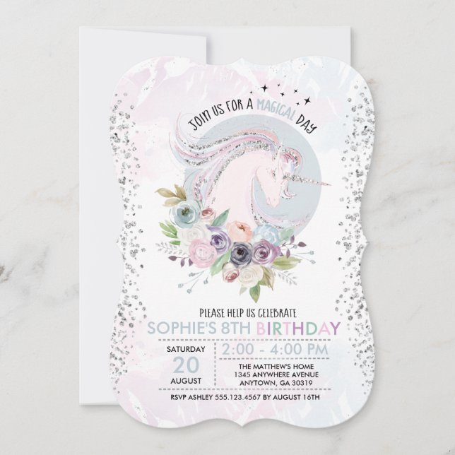 Glitter Pastel Blommigt Unicorn Birthday-inbjudan Inbjudningar (Framsida)