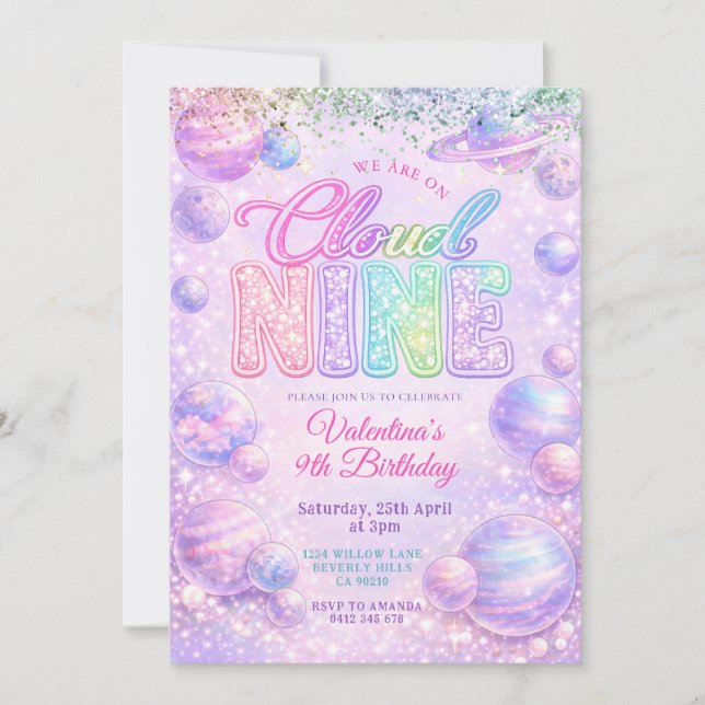 Glitter Pastel Rainbow Space Birthday Party Inbjudningar (Framsida)