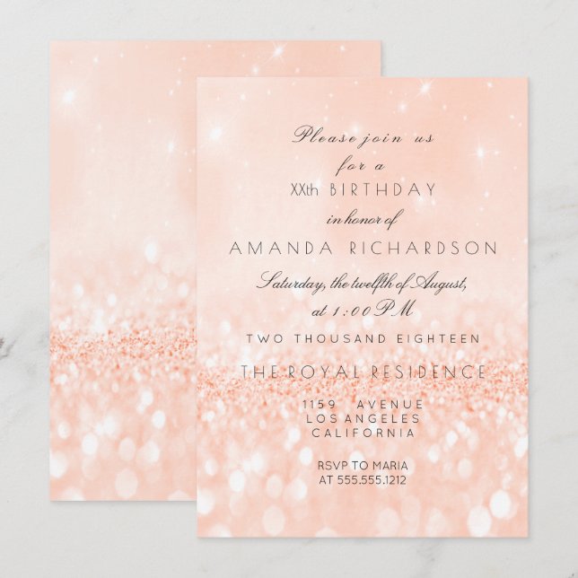 Glitter Pastell Korall Fersk Rosa Bröllop Födelsed Inbjudningar (Fram/baksida)