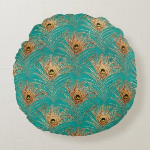 Glitter Peacock Feathers Mönster Rund Kudde