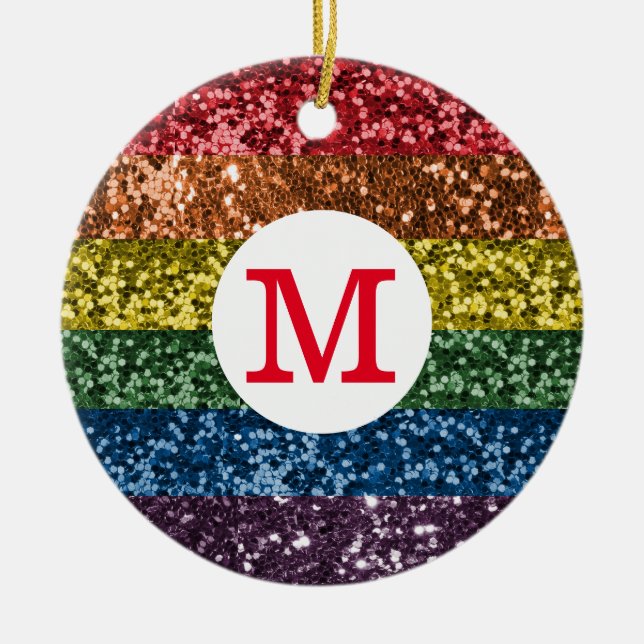 Glitter Pride Rainbow Monogram Gnistra Julgransprydnad Keramik (Framsidan)
