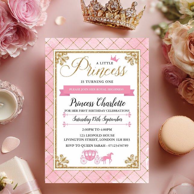 Glitter Princess 1:a födelsedagspartiets inbjudnin Inbjudningar (Invite your guests to a royally fun celebration with this Glitter Princess 1st Birthday Invitation, )