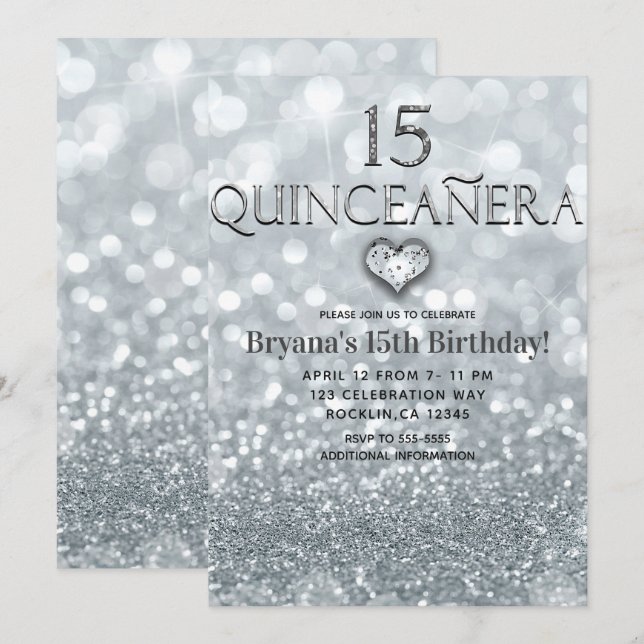 Glitter Princess Silver 15 Quinceañera-fest Inbjudningar (Fram/baksida)