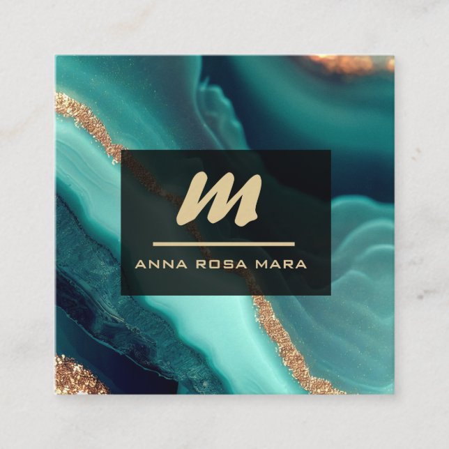 *~* Glitter QR Luxe Initial AP66 Turquise Guld Fyrkantigt Visitkort (Framsida)