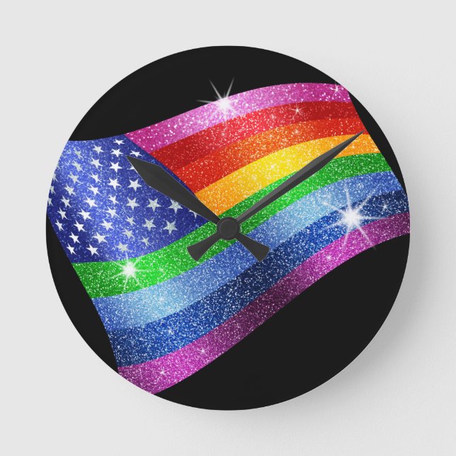 Glitter Rainbow American Flagga Clock Rund Klocka (Framsida)