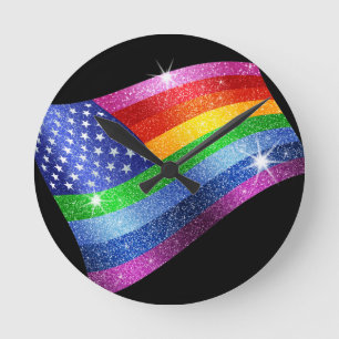 Glitter Rainbow American Flagga Clock Rund Klocka