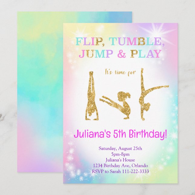 Glitter Rainbow Colorful Gymnastic Birthday Inbjud Inbjudningar (Fram/baksida)