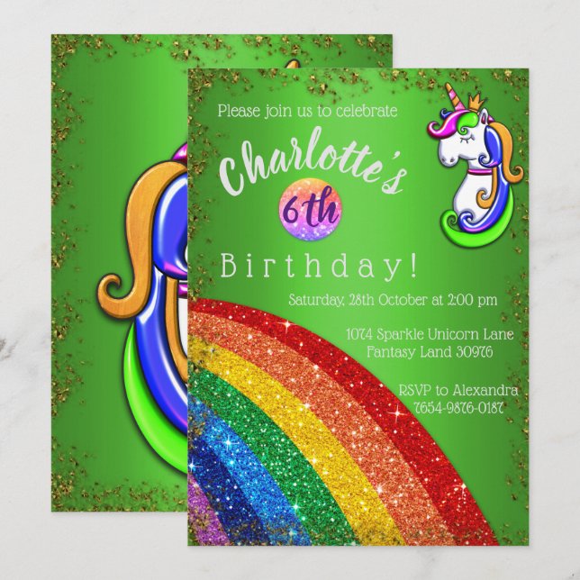 Glitter Rainbow Grönt Unicorn Birthday-inbjudan Inbjudningar (Fram/baksida)