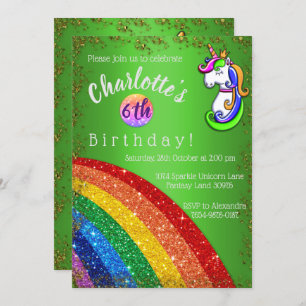 Glitter Rainbow Grönt Unicorn Birthday-inbjudan Inbjudningar