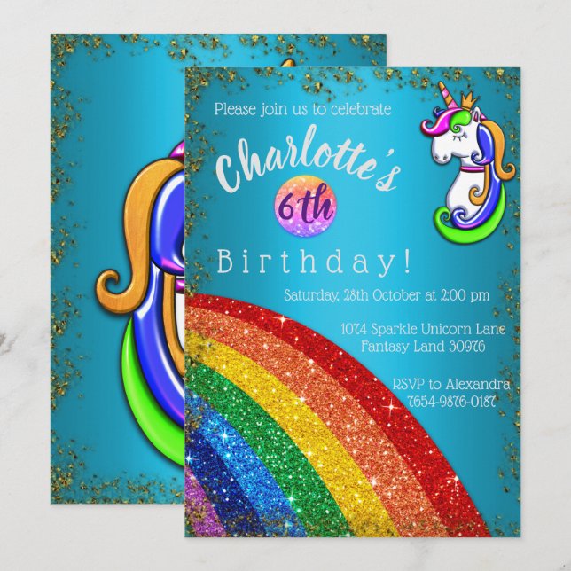 Glitter Rainbow Light Blue Unicorn Birthday Inbjudningar (Fram/baksida)