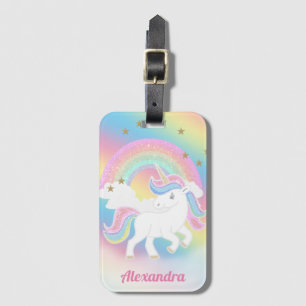 Glitter Rainbow och Unicorn med Personlig Namn Bagagebricka