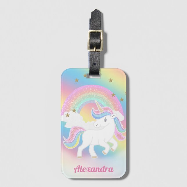 Glitter Rainbow och Unicorn med Personlig Namn Bagagebricka (Framsida vertikal)