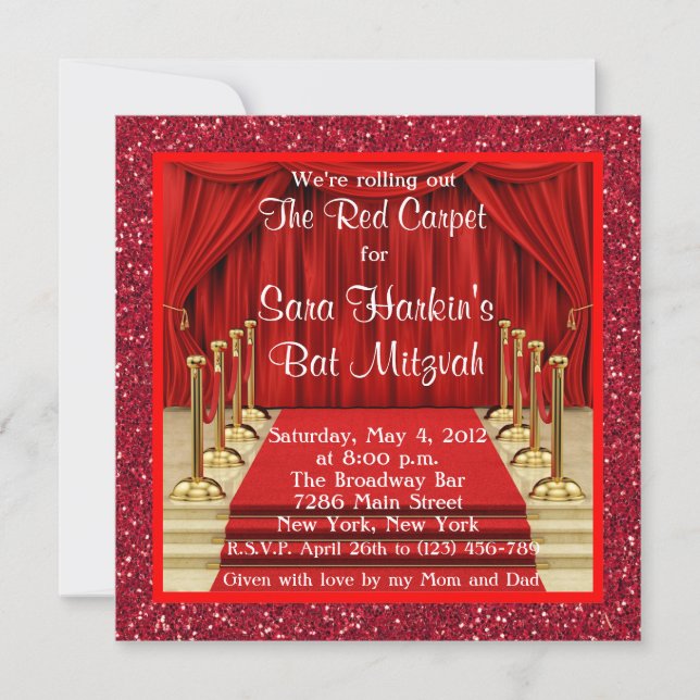 Glitter Red Carpet Hollywood Bat mitzvah Inbjudan (Framsida)